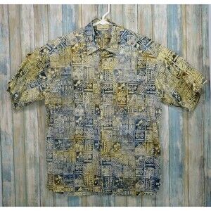 Travelsmith Tropical Breeze Hawaiian Shirt Men's L Tribal Geometric Print Button